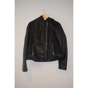 GUESS Black Faux Leather Hooded Moto Jacket Women's Size XL Zip Pockets